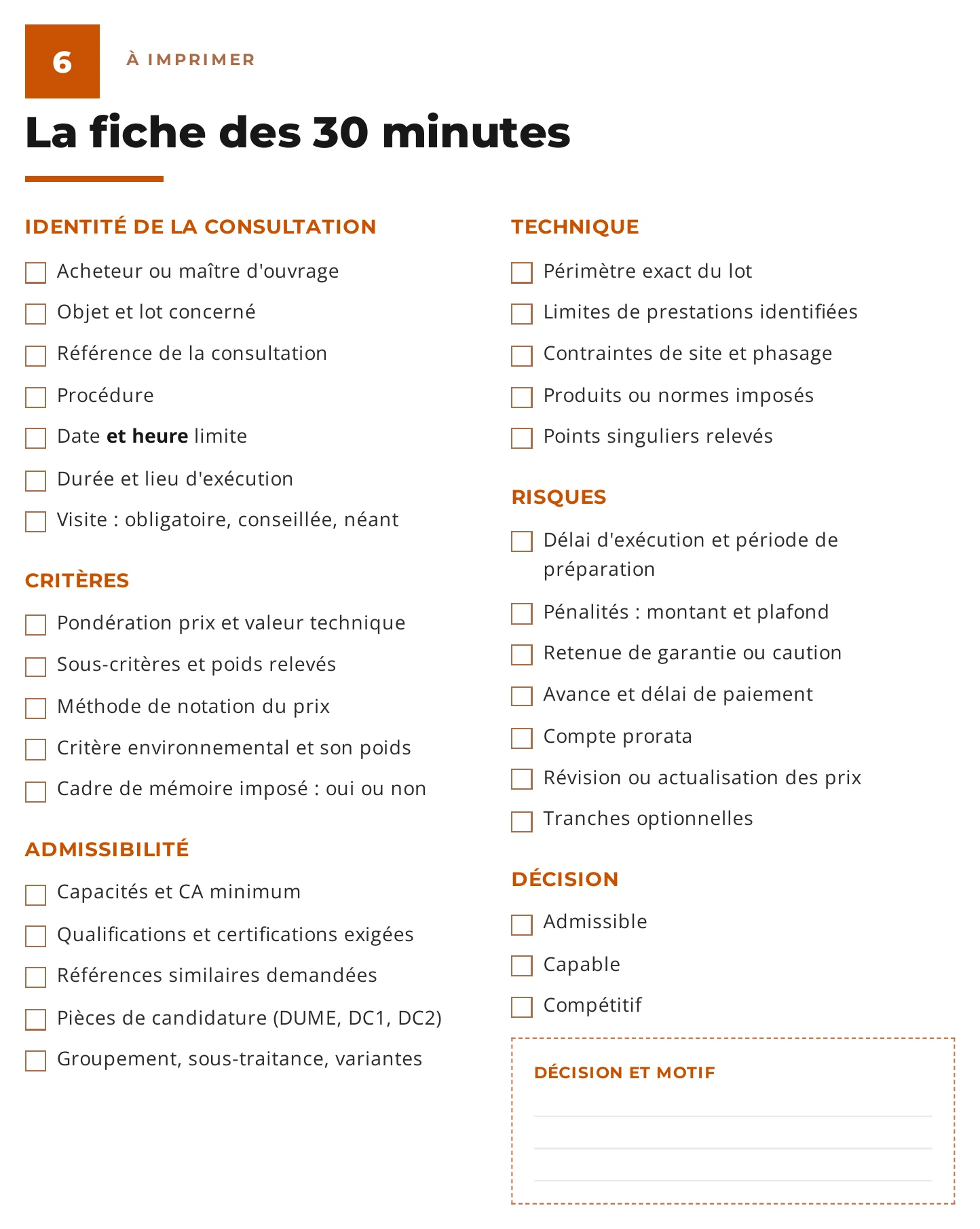 Fiche pratique à imprimer pour analyser un DCE en 30 minutes