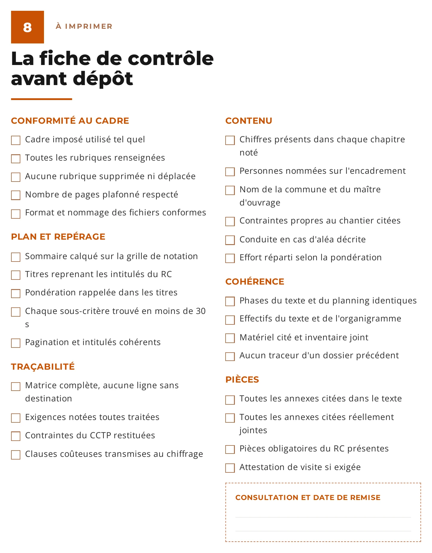 Fiche de contrôle d'un mémoire technique avant son dépôt